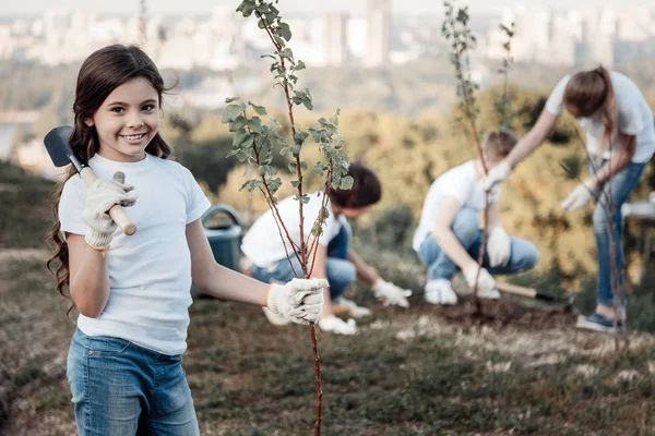 Χαρά θετική κορίτσι holing ένα νεαρό δέντρο — Φωτογραφία Αρχείου