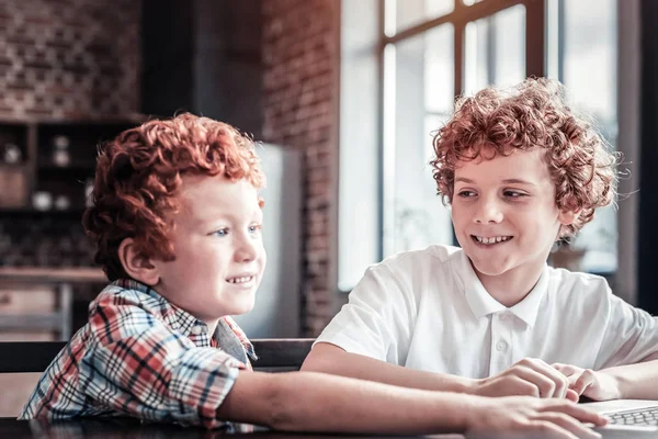 Netter kleiner Junge lernt, wie man einen Laptop benutzt — Stockfoto