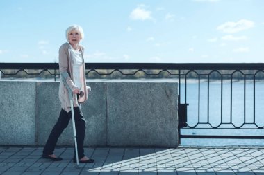 Riverwalk promenading koltuk değneği ile Bayan dışarı yıkanmış