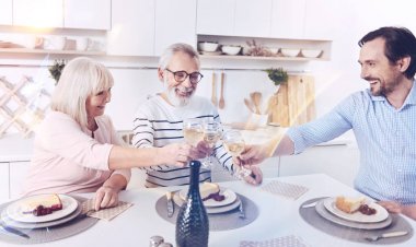 Nice time together. Joyful happy elderly couple meeting with their adult son and sitting at the table while giving a toast clipart