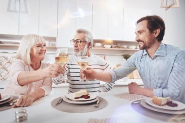 Happy to see each other. Pleasant delighted adult man giving a toast and sitting at the table while enjoying time with his loving parent clipart