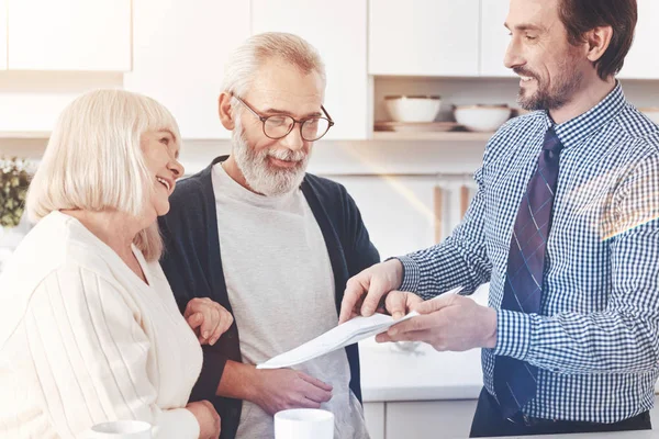 Read Attentively Positive Professional Handsome Real Estate Agent Giving Papers — Stock Photo, Image