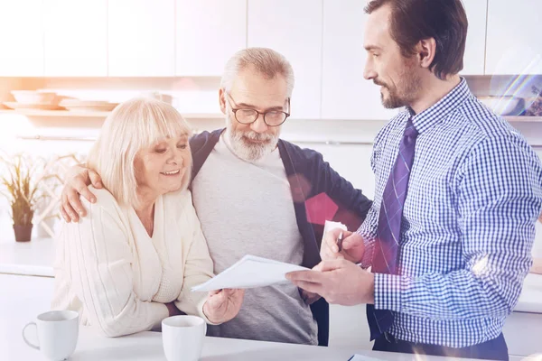 Almost Done Cheerful Loving Aged Couple Going Sign Contract While — Stock Photo, Image