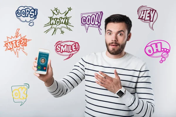 Unexpected Call Young Emotional Bearded Man Feeling Surprised While Holding — Stock Photo, Image