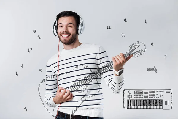 Creative Musician Cheerful Talented Young Musician Wearing Big Headphones Dreaming — Stock Photo, Image