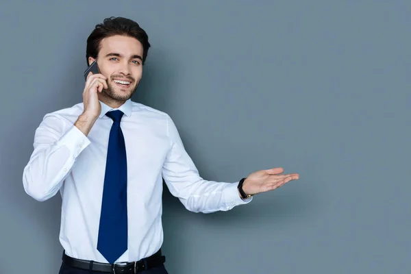 Vrolijke slimme zakenman met een gesprek — Stockfoto