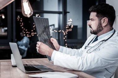 Holding ve x-ray tarama bakan konsantre ciddi doktor.