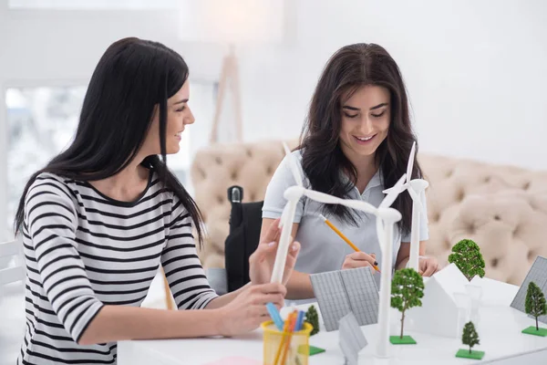 Energía Alternativa Mujer Bastante Discapacitada Colega Sentado Mesa Trabajando Con — Foto de Stock