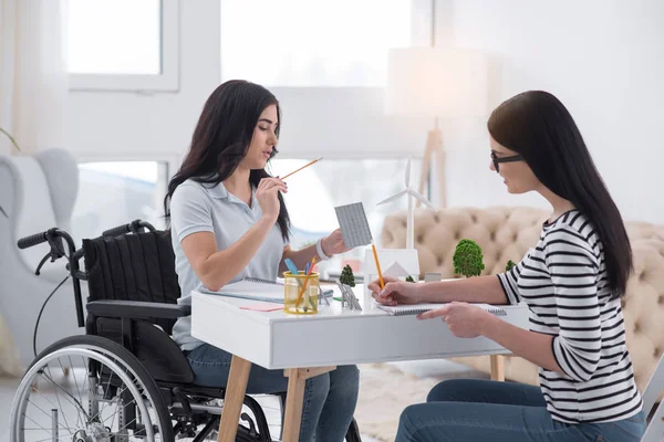 Accurate Prediction Intelligent Disabled Woman Colleague Working Together While Using — Stock Photo, Image