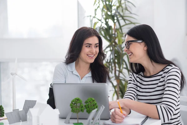 Energy Source Substitution Merry Female Colleagues Planning Alternative Village While — Stock Photo, Image