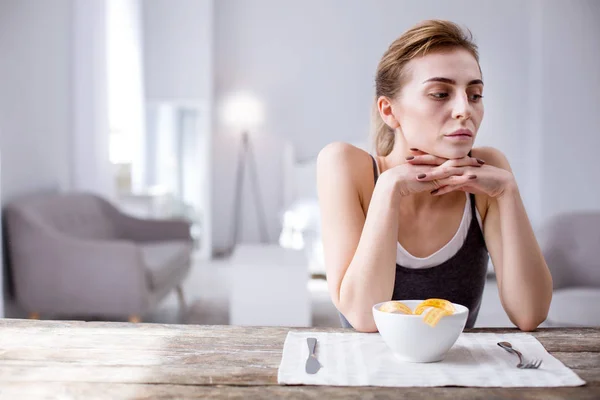 Depressed thoughtful woman thinking about her weight — Stock Photo, Image
