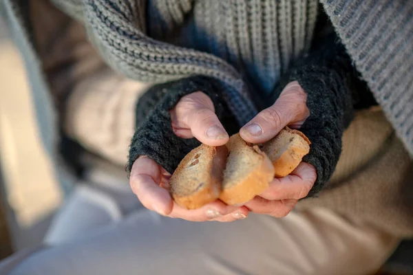 Крупним планом бездомна бідна жінка тримає деяких крекерів — стокове фото