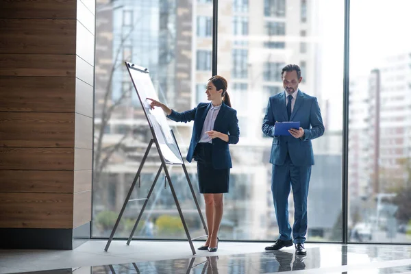 Inversionista toma notas mientras mujer de negocios presenta su plan de negocios — Foto de Stock