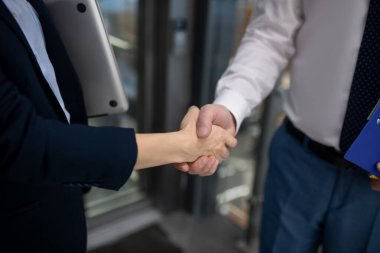 Close up of businesswoman shaking hand of her business partner