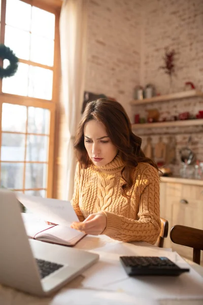 Dark-haired young pretty woman working with bills — Stock Photo, Image