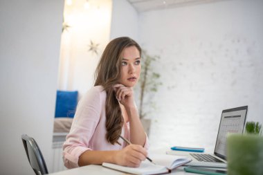 Çekici düşünceli iş kadını defterine not alıyor.