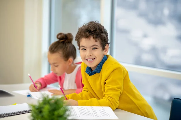 Leende skolpojke som jobbar hårt på sitt uppdrag — Stockfoto