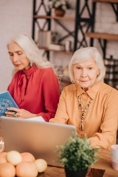 Dos damas guapas de pelo gris sentadas a la mesa — Foto de Stock