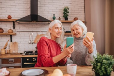 Two mature grey-haired positive ladies looking great