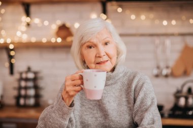 Beautiful elderly woman in grey sweater having morning tea