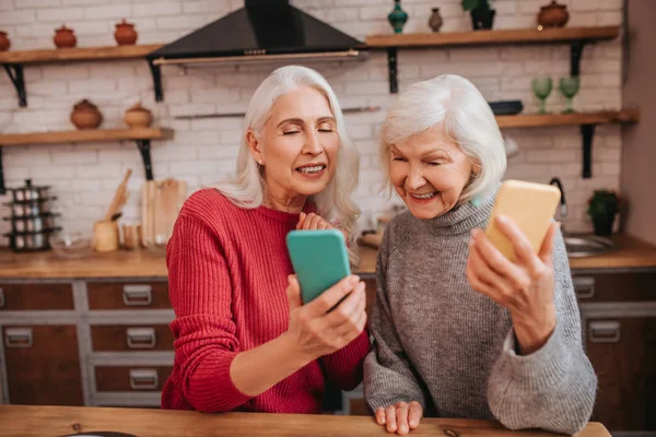 Dos señoras maduras de pelo gris positivas gastando tome en línea — Foto de Stock