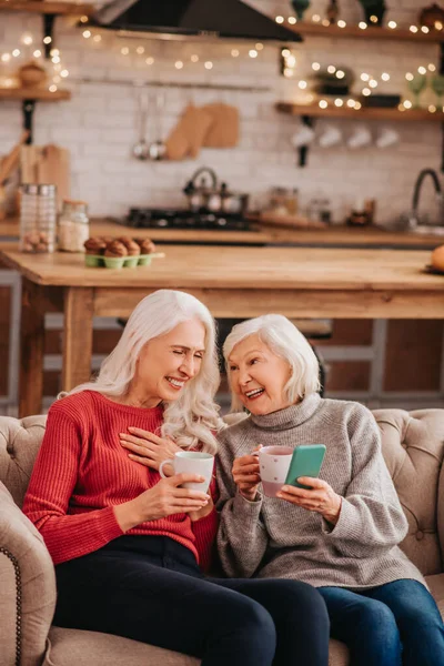 Dos señoras lindas y agradables de pelo gris sentadas en el sofá y sonriendo — Foto de Stock