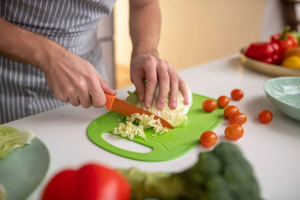 Hombre cortando verduras para una ensalada con col y tomates — Foto de Stock