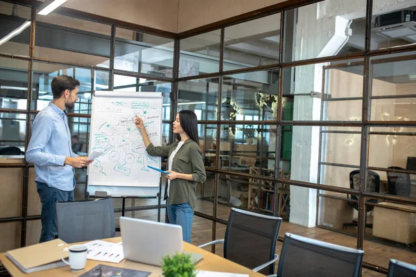 Két kolléga áll a flipchart mellett az irodában. — Stock Fotó