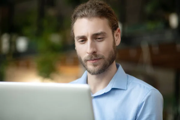 Genç adam sakince ve olumlu bir şekilde bilgisayar ekranına bakıyor.. — Stok fotoğraf
