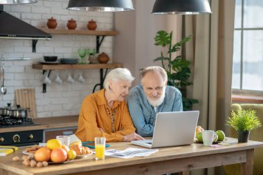 Mutlu yaşlı bir çift video görüşmesi yapıyor.