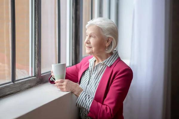 Grey-haired smiling lady standing at the window and thinking — Stock Photo, Image
