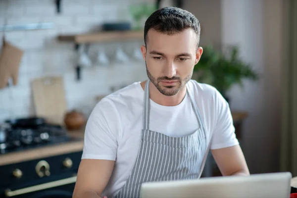 Successful young man in apron looking at laptop screen. — Stockfoto
