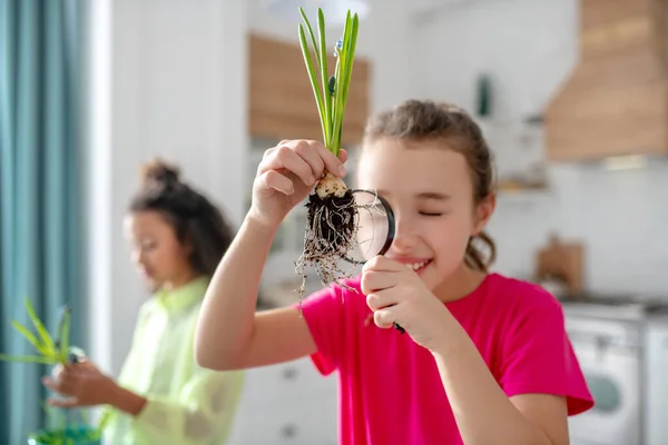 Girl with a plant and a magnifying glass.