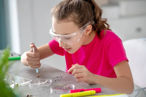 Kluges Mädchen führt zu Hause ein botanisches Experiment durch. — Stockfoto