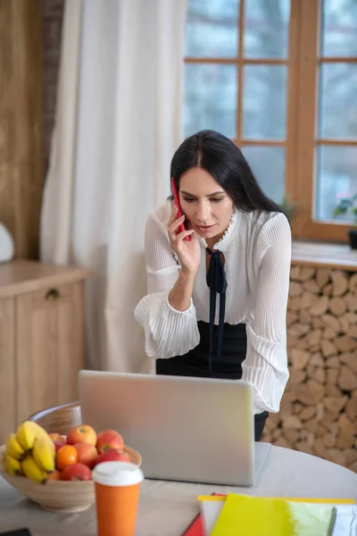 Genç bir kadın laptoptan bir şeyi kontrol ediyor, telefonla konuşuyor. — Stok fotoğraf