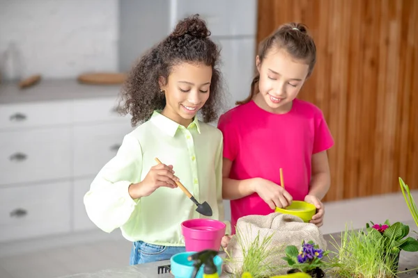 Dos niñas trasplantando flores en macetas . — Foto de Stock