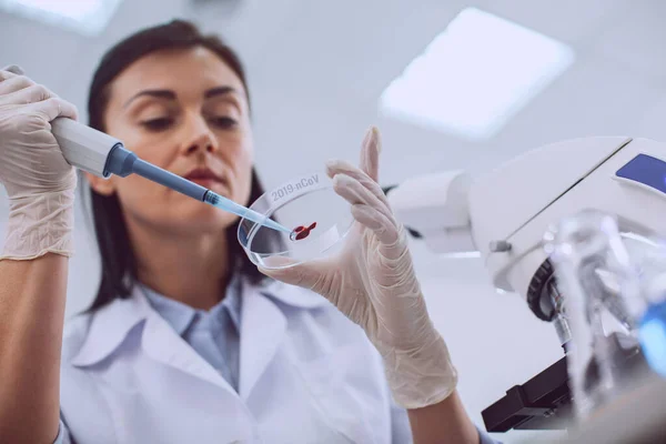 本格的な女性研究者が血液検査を行う — ストック写真
