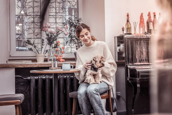 Kahvede köpeğini kucağında tutan sevimli bir kadın. — Stok fotoğraf