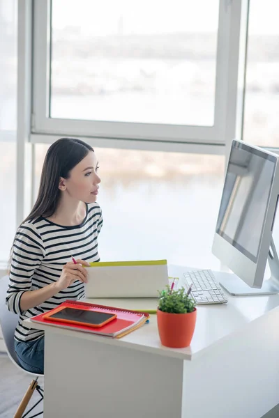 Bruna bella donna con una camicia a righe che guarda il computer — Foto Stock