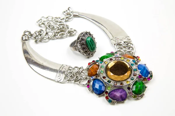 Necklace Bright Colored Stones Metal Chain Selective Focus Jewelry Fashion — Stock Photo, Image