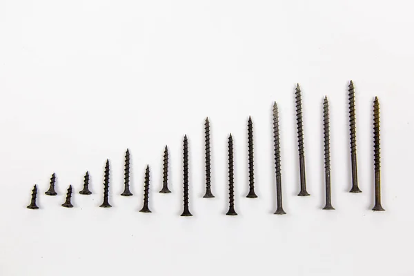 Wood Screws Black Arranged Row Isolated White Background Idea Concept — 스톡 사진
