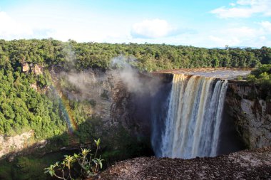 Güzel ve güçlü Kaieteur şelalesinin manzarası açık güneşli bir günde ormanın arka planında, şelalenin yüksekliği 221 metredir, Guyana. Dünya turizmi, macera, eko-turizm.