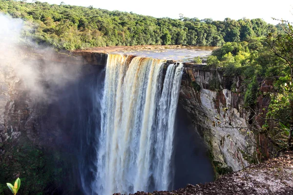 Güzel ve güçlü Kaieteur şelalesinin manzarası açık güneşli bir günde ormanın arka planında, şelalenin yüksekliği 221 metredir, Guyana. Dünya turizmi, macera, eko-turizm.