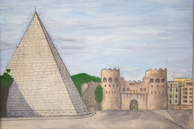 Antik kale, iki gözetleme kulesi beyaz taş piramidi. Suluboya resim.