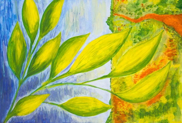 Absztrakció Branch Sárga Zöld Háttérben Kék Víz Sárga Tisztáson Akvarell — Stock Fotó