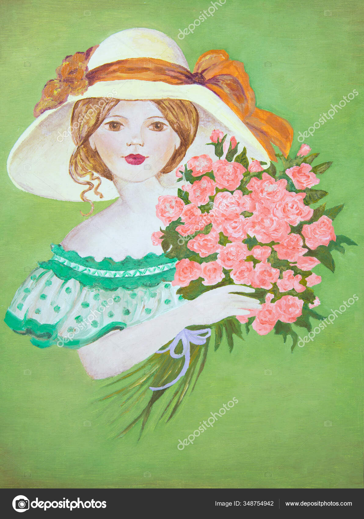 一个头戴白色帽子背景为绿色的红玫瑰束的小女孩的画像水彩画 图库照片 C Victor1153