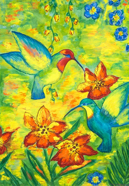 明亮的蜂鸟在花朵和金色草地的背景上 水彩画 — 图库照片