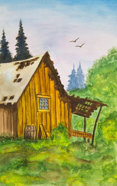 Old Ruined House Forest Green Firs Watercolor Painting — Stock Photo, Image