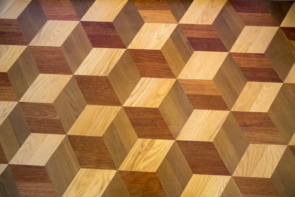 Fondo Hecho Parquet Varios Tipos Madera Hermoso Patrón Cuadrados Tridimensionales — Foto de Stock