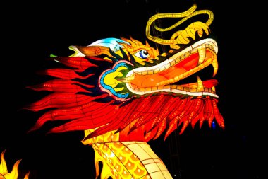 Ejderhanın kafası gece karanlığında parlak sarı bir kırmızıdır. Tatil, Noel, Yeni Yıl.